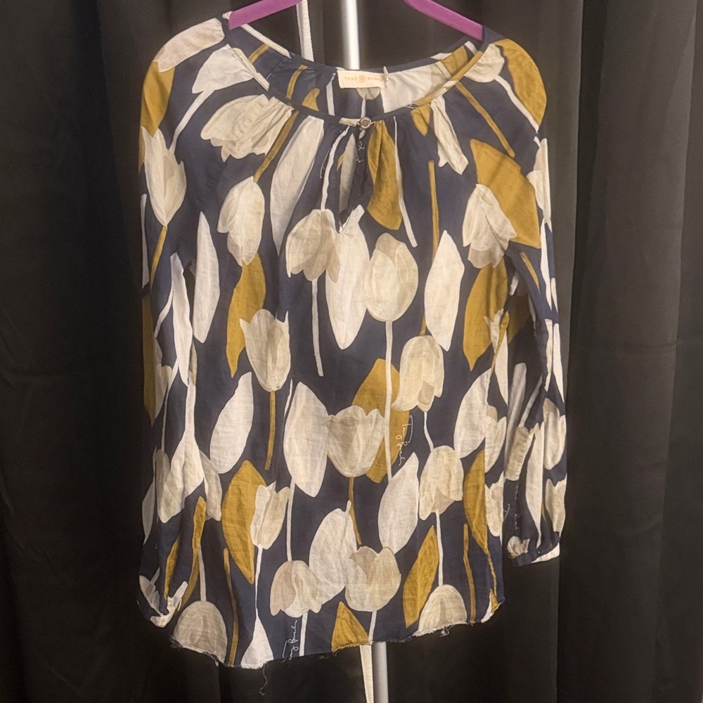 Tory Burch Navy cream and green Floral Blouse gold buttons size 2